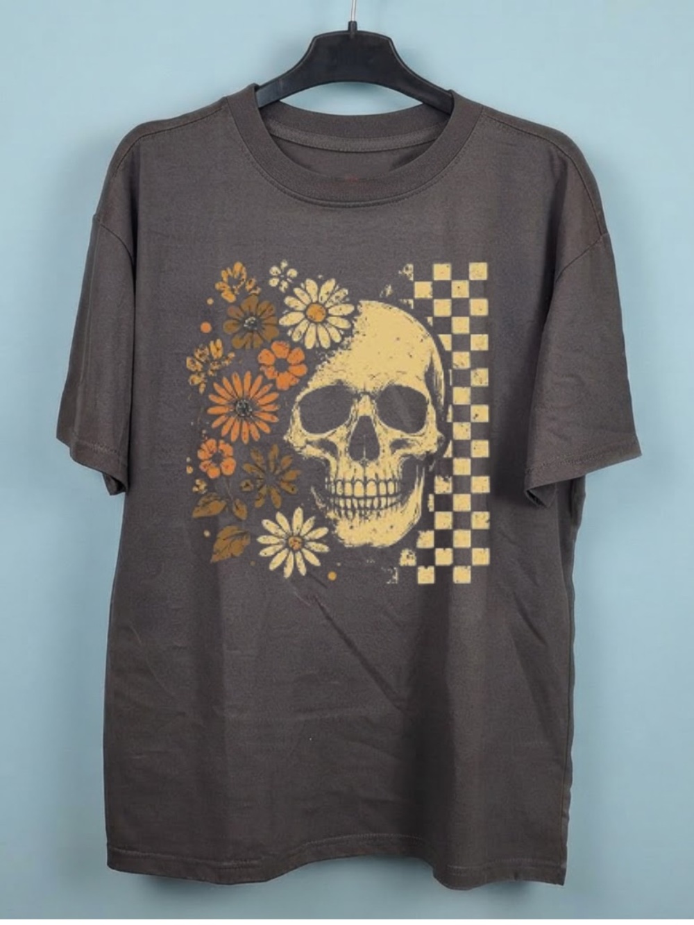 Gildan Dark Charcoal Skull & Floral Graphic Tee with Yellow and Orange Accents